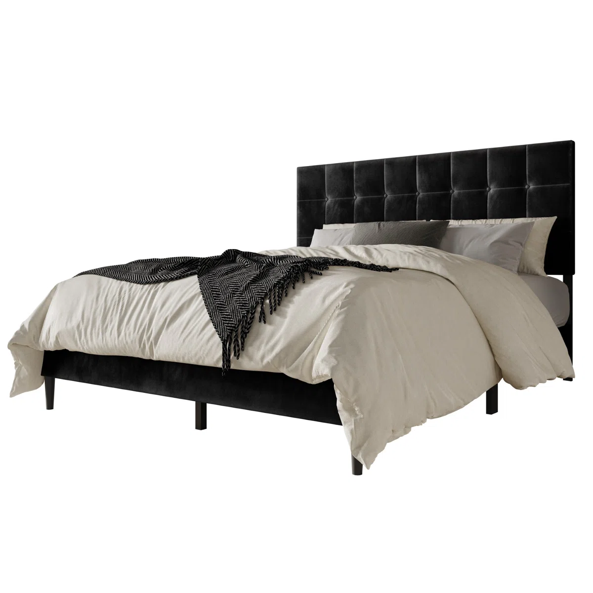 Black velvet bed with grid-tufted headboard, white bedding, and herringbone throw in a modern bedroom.