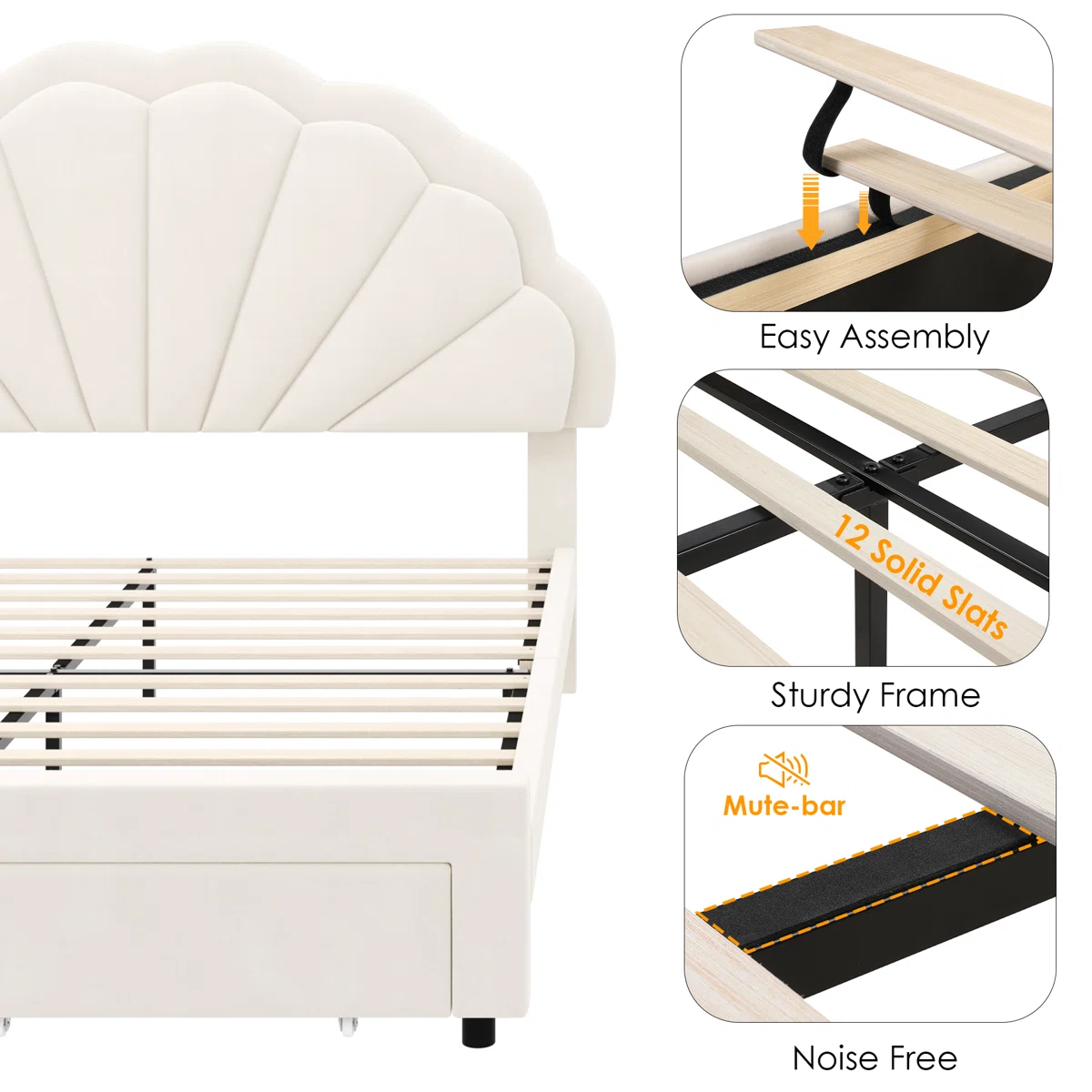 White velvet bed with scalloped LED headboard and storage drawers in a modern bedroom with nightstands and neutral decor.