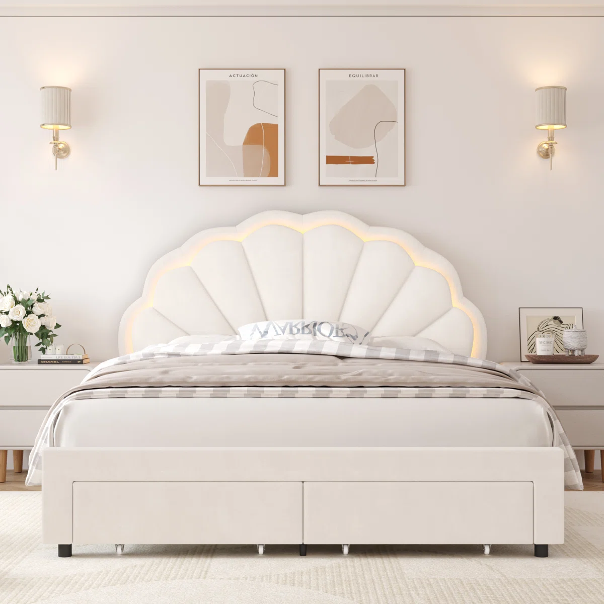 White velvet bed with scalloped LED headboard and storage drawers in a modern bedroom with nightstands and neutral decor.