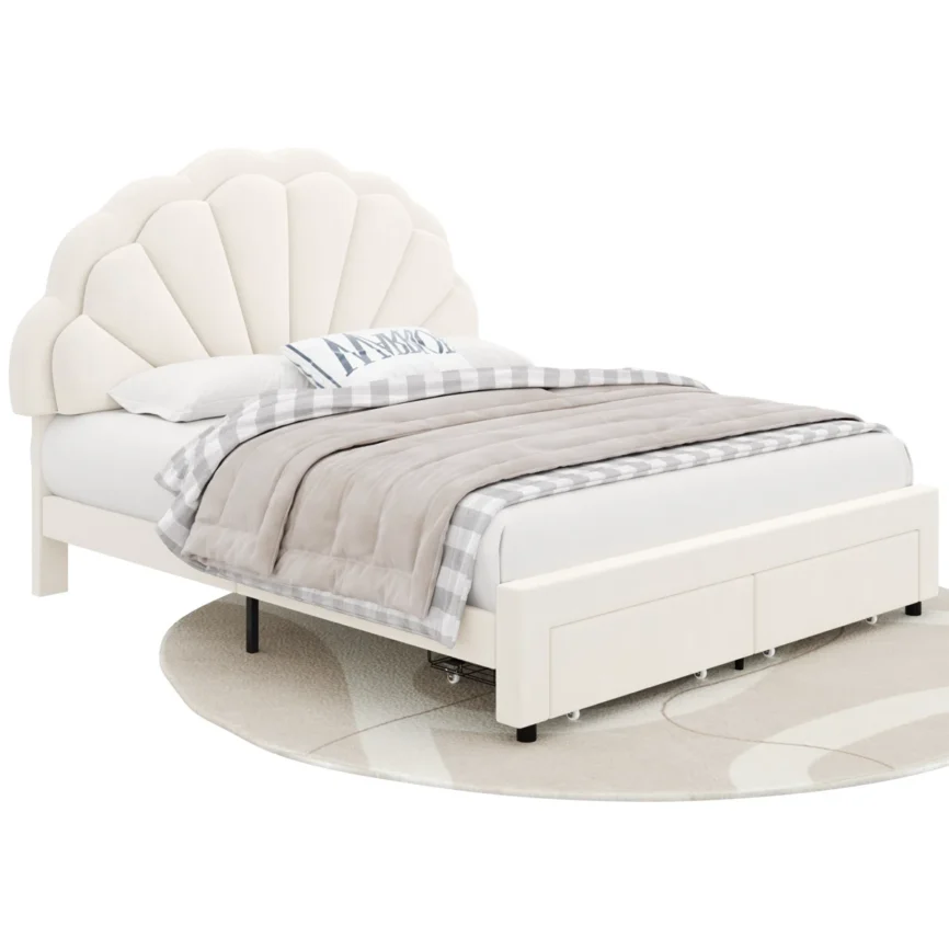 White velvet bed with scalloped LED headboard and storage drawers in a modern bedroom with nightstands and neutral decor.