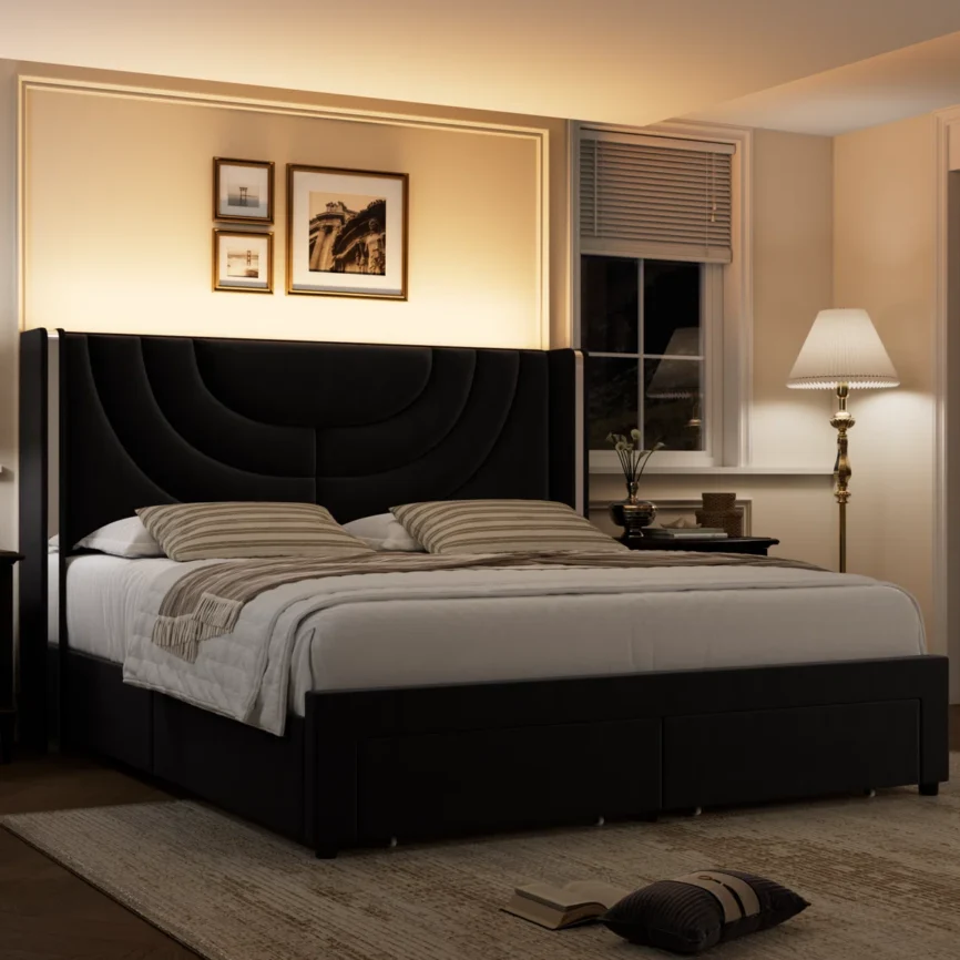 liora velvet led storage bed queen