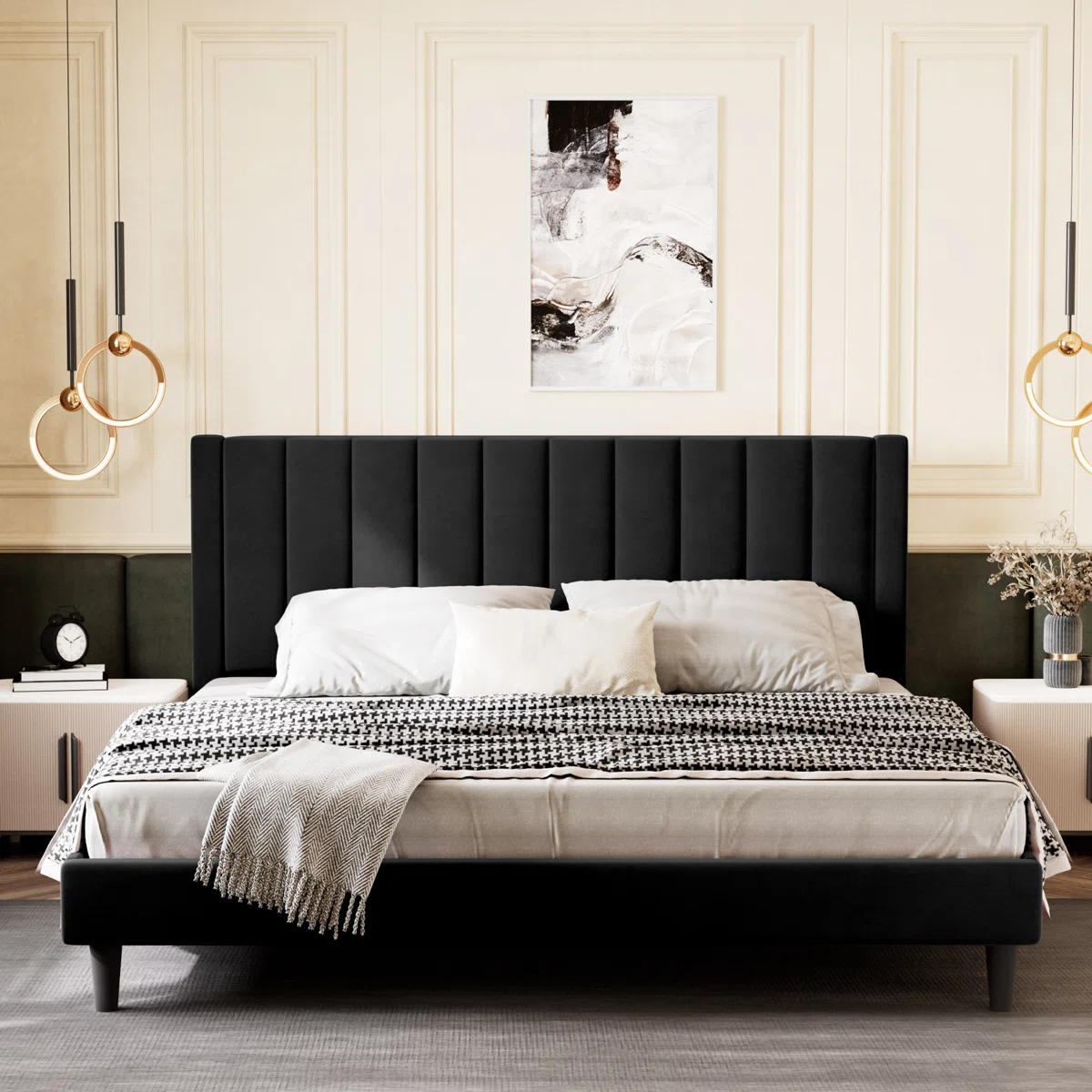 Black velvet bed with vertical tufted headboard, white bedding, and checkered blanket in a modern bedroom.