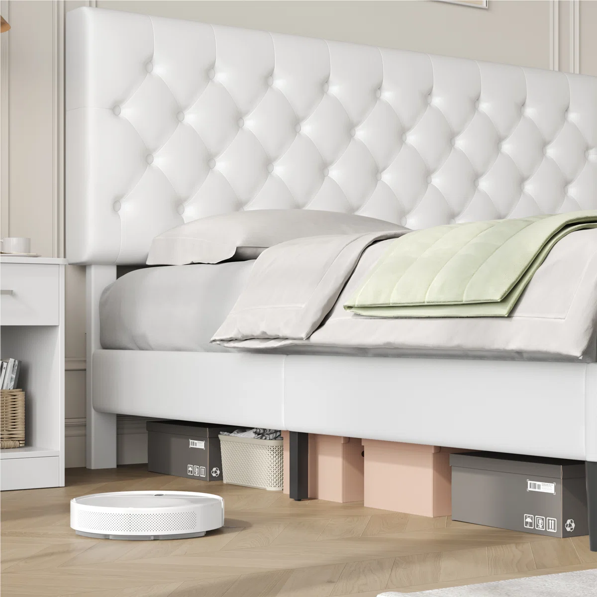 luxe noir pu upholstered king platform bed with tufted headboard