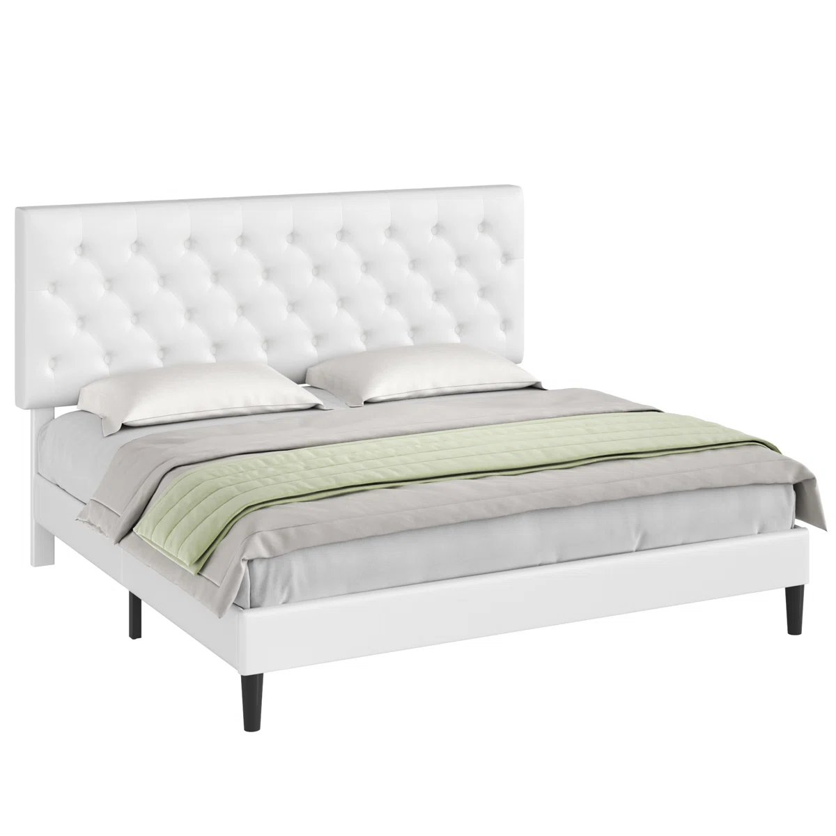 luxe noir pu upholstered king platform bed with tufted headboard