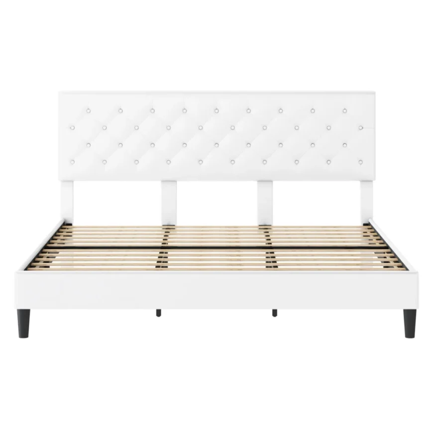 luxe noir pu upholstered king platform bed with tufted headboard