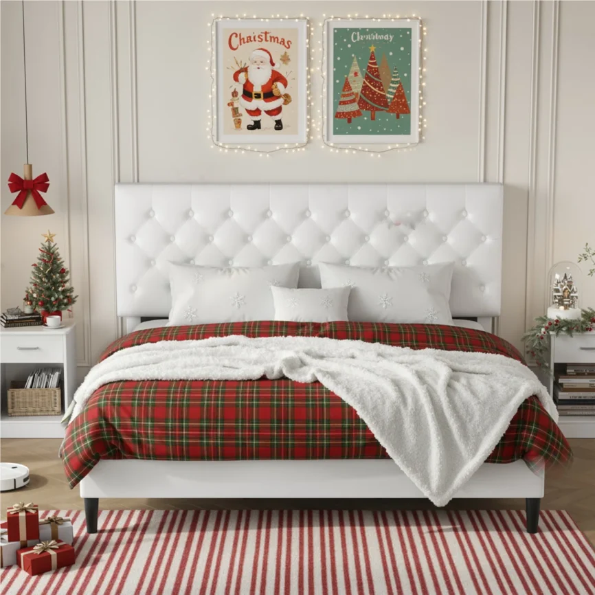 luxe noir pu upholstered king platform bed with tufted headboard