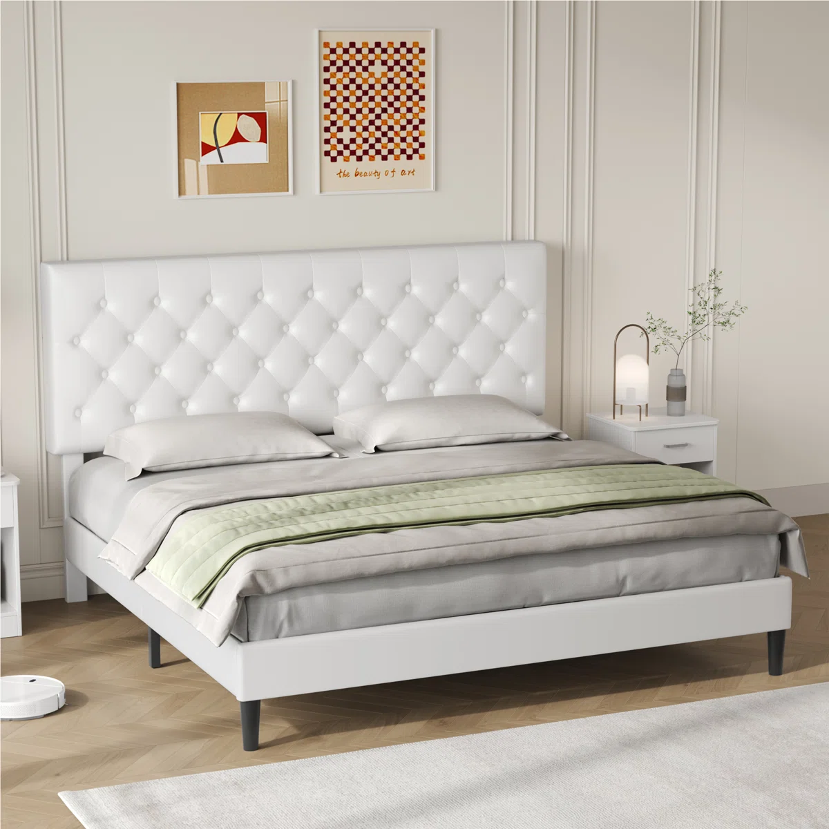 luxe noir pu upholstered king platform bed with tufted headboard