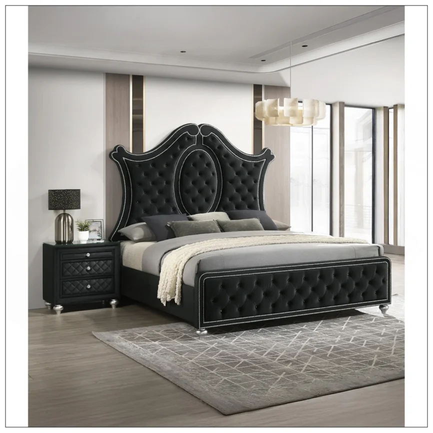 A glamorous black velvet nightstand featuring three tufted drawers with faux crystal knobs and a sleek 8mm tempered glass top