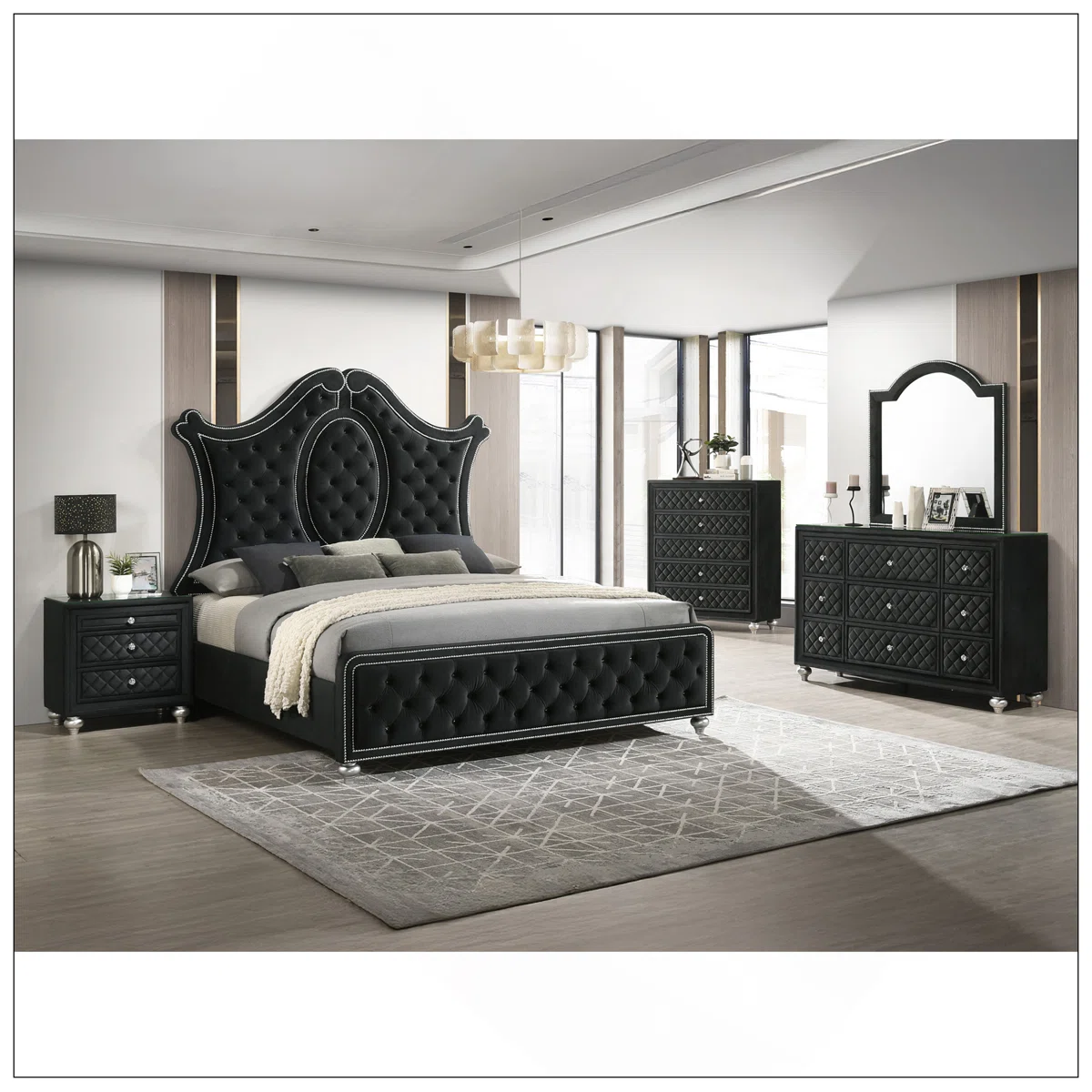 A glamorous black velvet nightstand featuring three tufted drawers with faux crystal knobs and a sleek 8mm tempered glass top