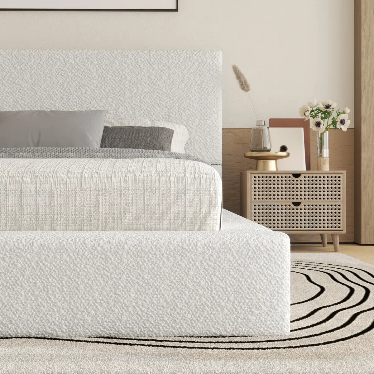 marcel boucle upholstered queen platform bed frame