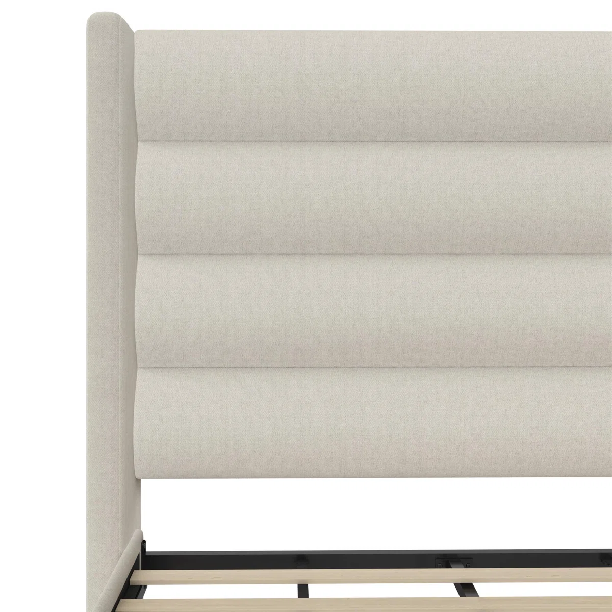 A sophisticated bedroom featuring the Monarch Wingback Platform Bed in light beige canvas linen.