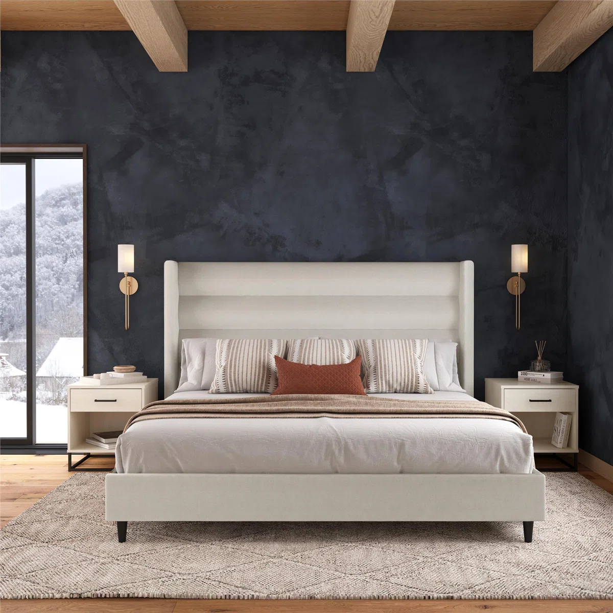 A sophisticated bedroom featuring the Monarch Wingback Platform Bed in light beige canvas linen