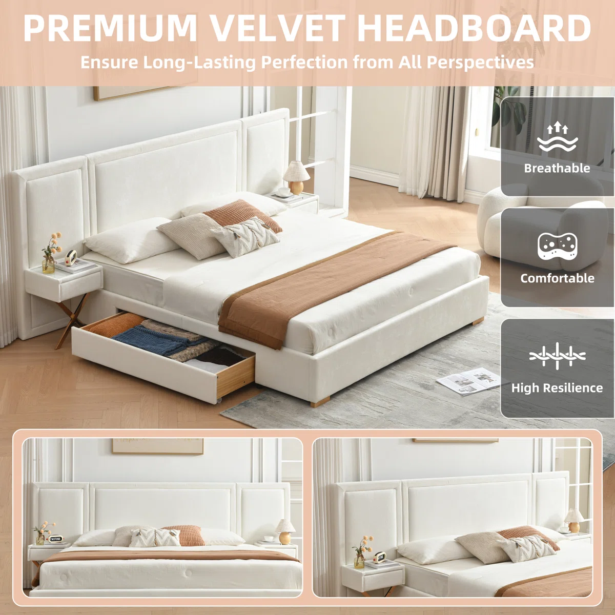 monarch king velvet storage bed with nightstands