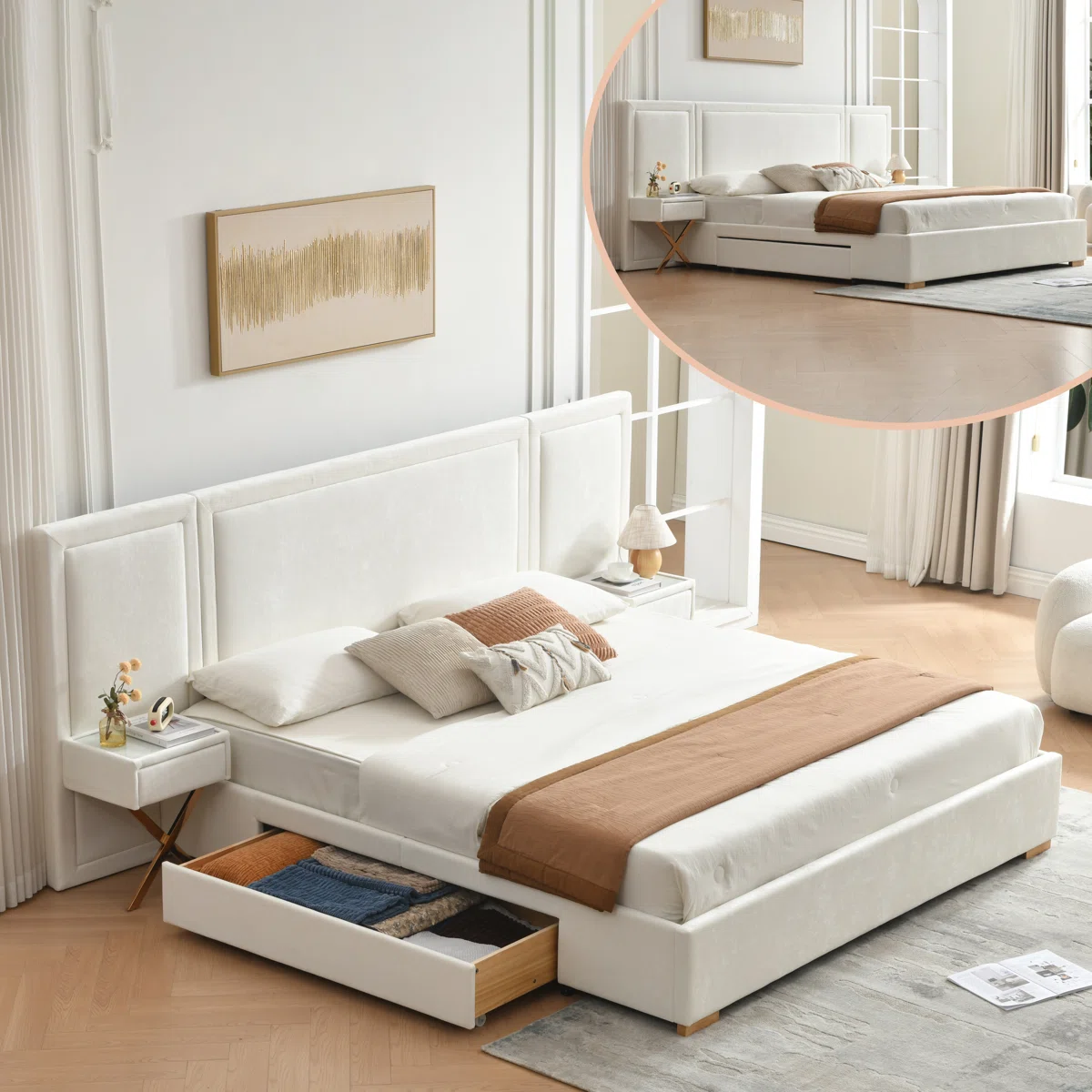 monarch king velvet storage bed with nightstands