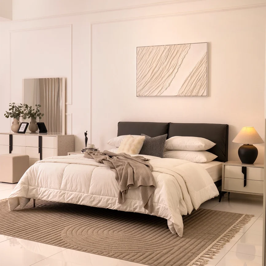 durable upholstered bed 182cm width 210cm depth modern fabric bed with 103cm headboard height