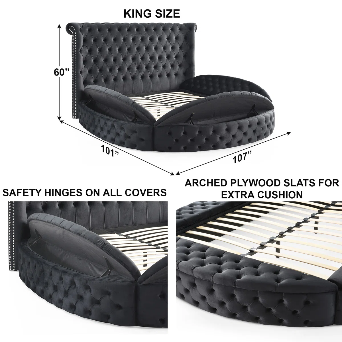 Black velvet round bed with tufted wingback headboard and open storage compartments in a modern city-view bedroom.