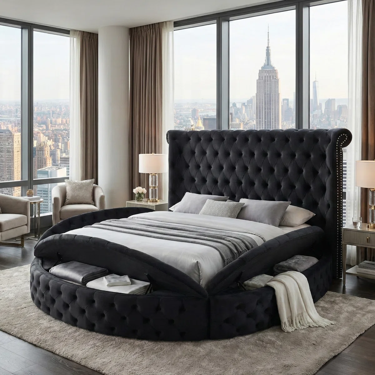 Black velvet round bed with tufted wingback headboard and open storage compartments in a modern city-view bedroom.