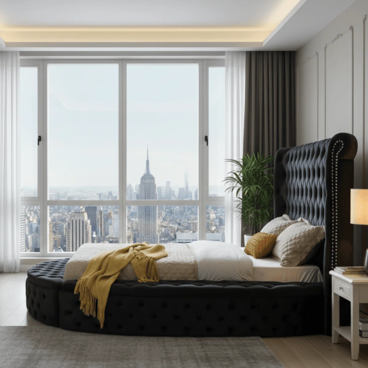 Black velvet round bed with tufted wingback headboard and open storage compartments in a modern city-view bedroom.