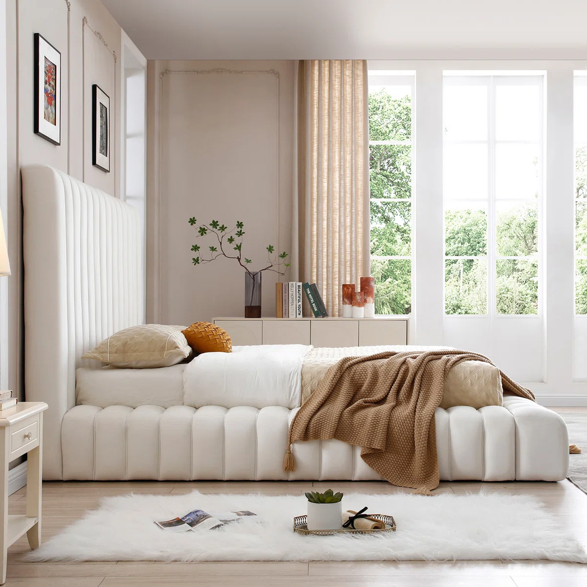 Elevate your space with the Seraphina Velvet Platform Bed — piped headboard, plush textures, and timeless style.