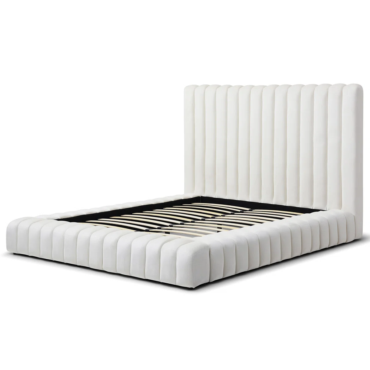 Elevate your space with the Seraphina Velvet Platform Bed — piped headboard, plush textures, and timeless style.