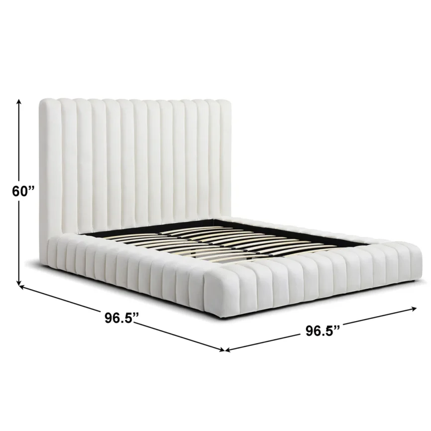 Elevate your space with the Seraphina Velvet Platform Bed — piped headboard, plush textures, and timeless style.