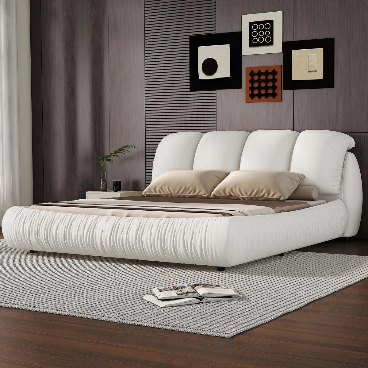 White upholstered bed with panel headboard and gathered footboard, beige bedding, and checkered flooring in a modern bedroom