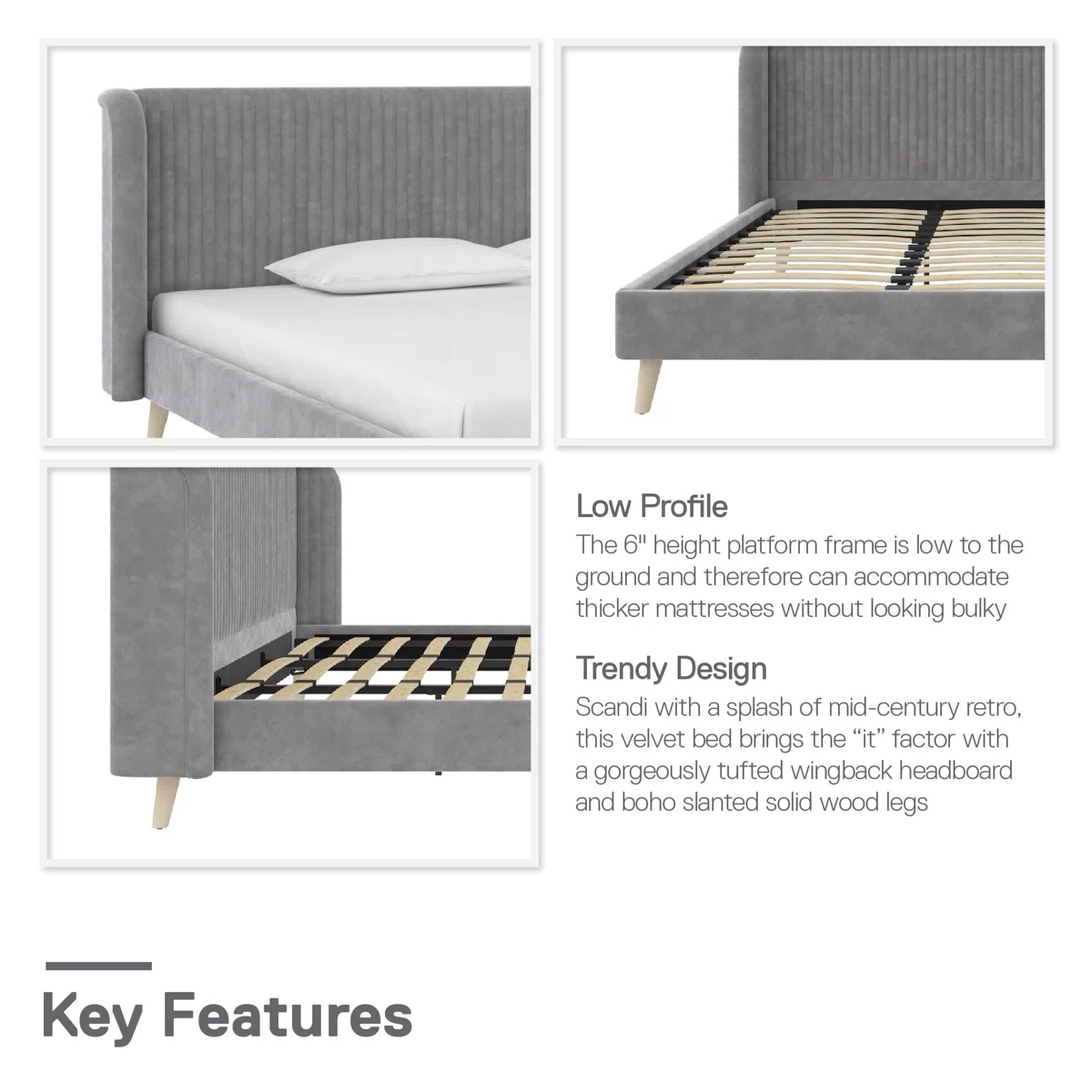 Grey velvet wingback bed with vertical tufting, white bedding, and modern decor in a cozy bedroom.