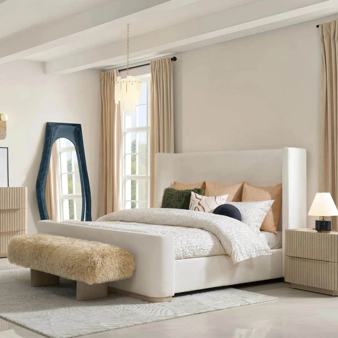 stria wingback upholstered bed in ivory chenille