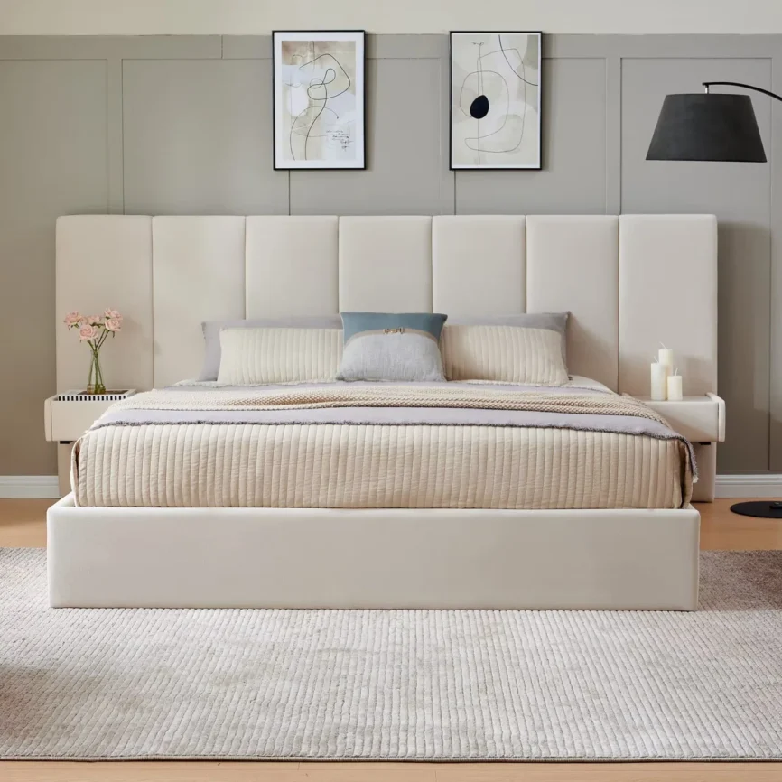 Beige velvet bed with vertical tufted headboard, neutral bedding, and side tables in a modern minimalist bedroom.