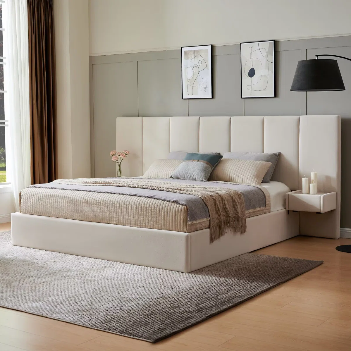 Beige velvet bed with vertical tufted headboard, neutral bedding, and side tables in a modern minimalist bedroom.
