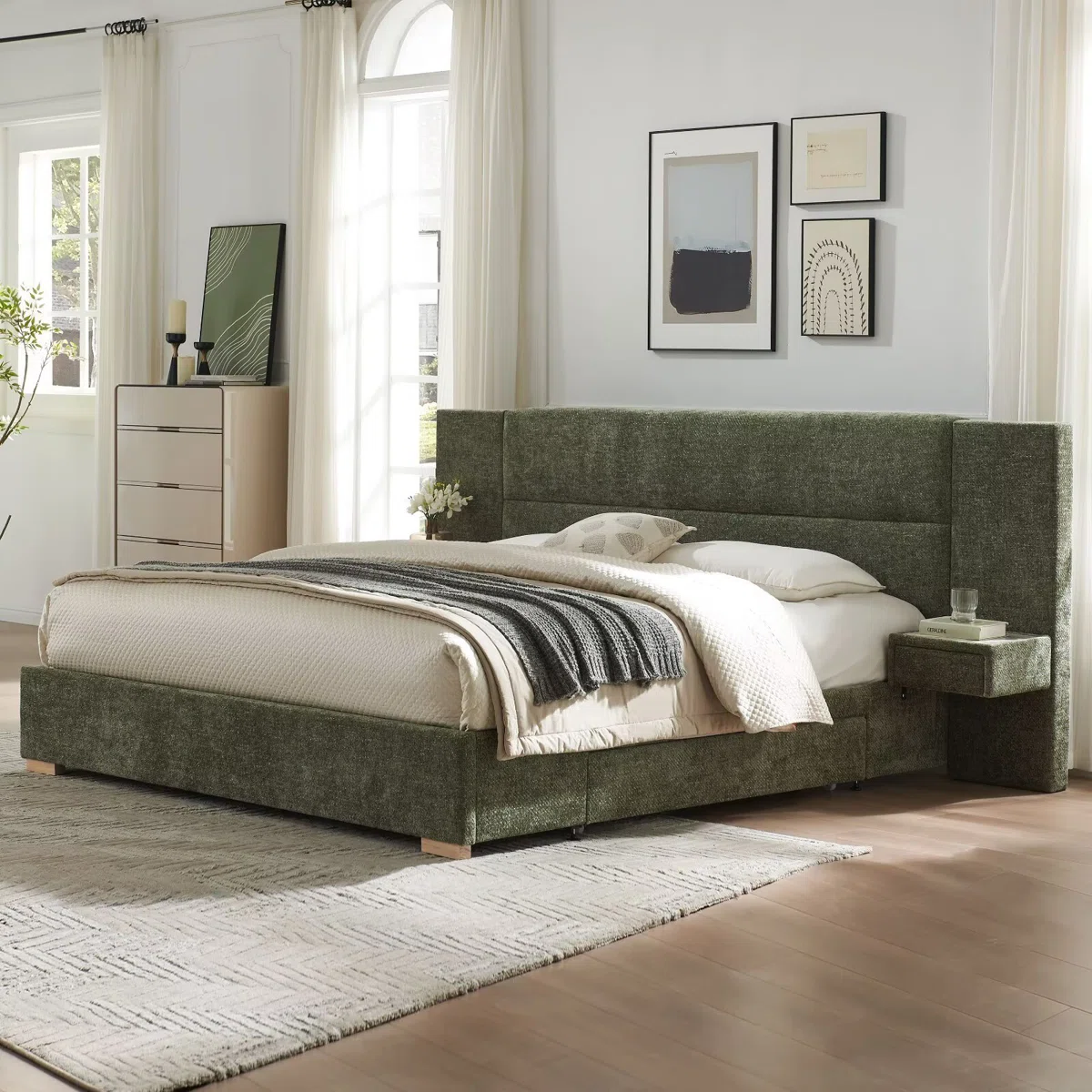 valencia linen upholstered king bed with storage drawers and nightstands
