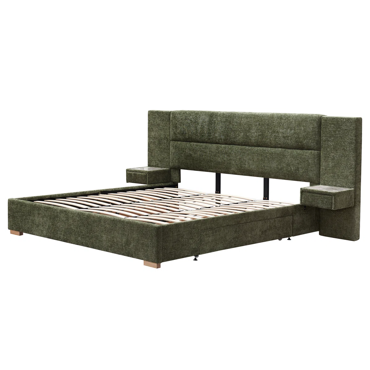 valencia linen upholstered king bed with storage drawers and nightstands