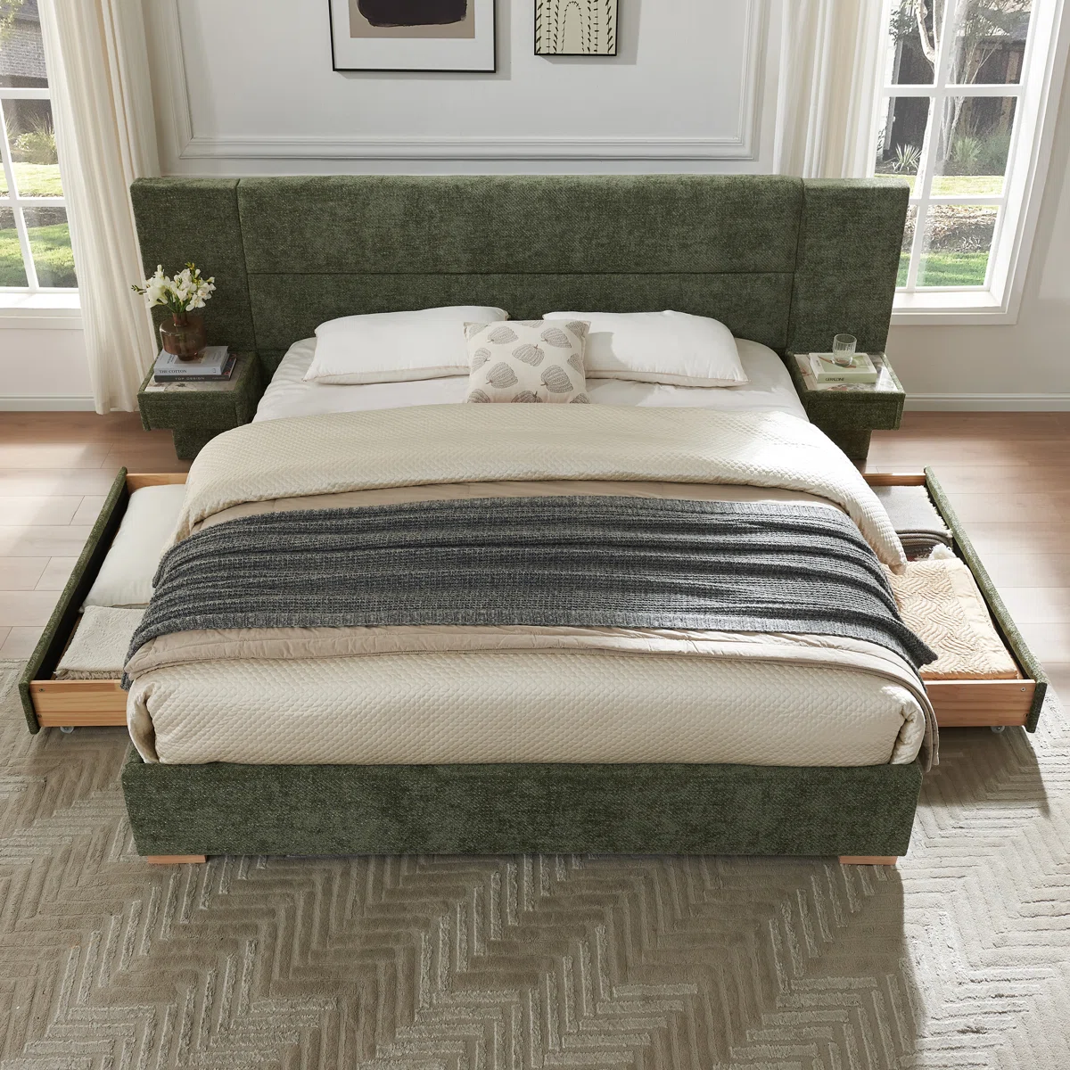 valencia linen upholstered king bed with storage drawers and nightstands