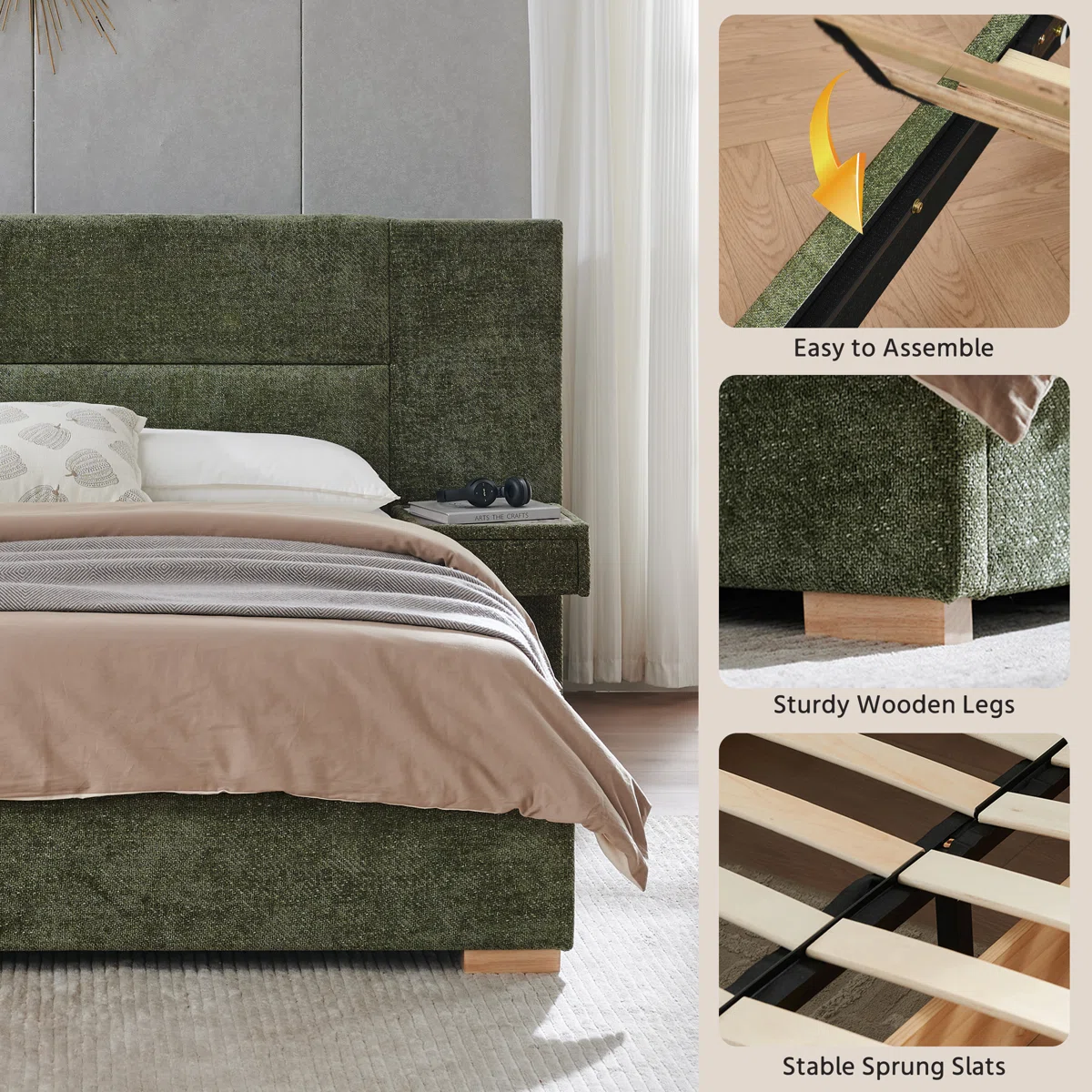 valencia linen upholstered king bed with storage drawers and nightstands