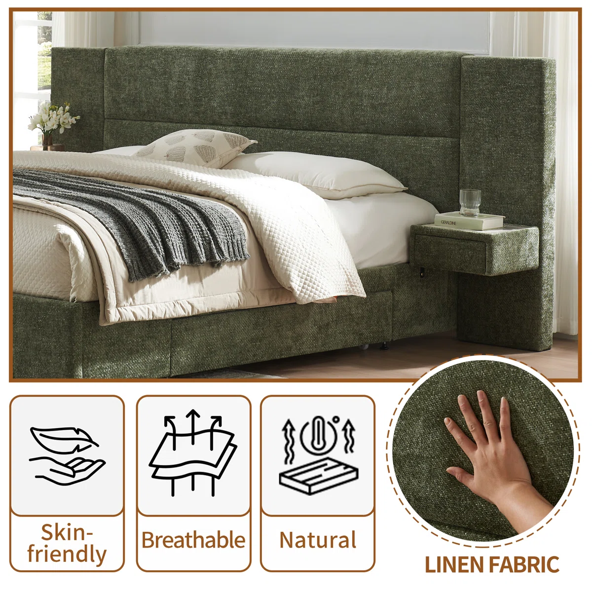 valencia linen upholstered king bed with storage drawers and nightstands