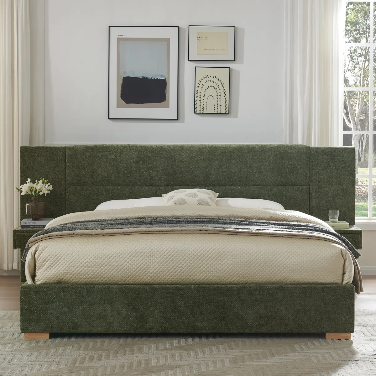 valencia linen upholstered king bed with storage drawers and nightstands