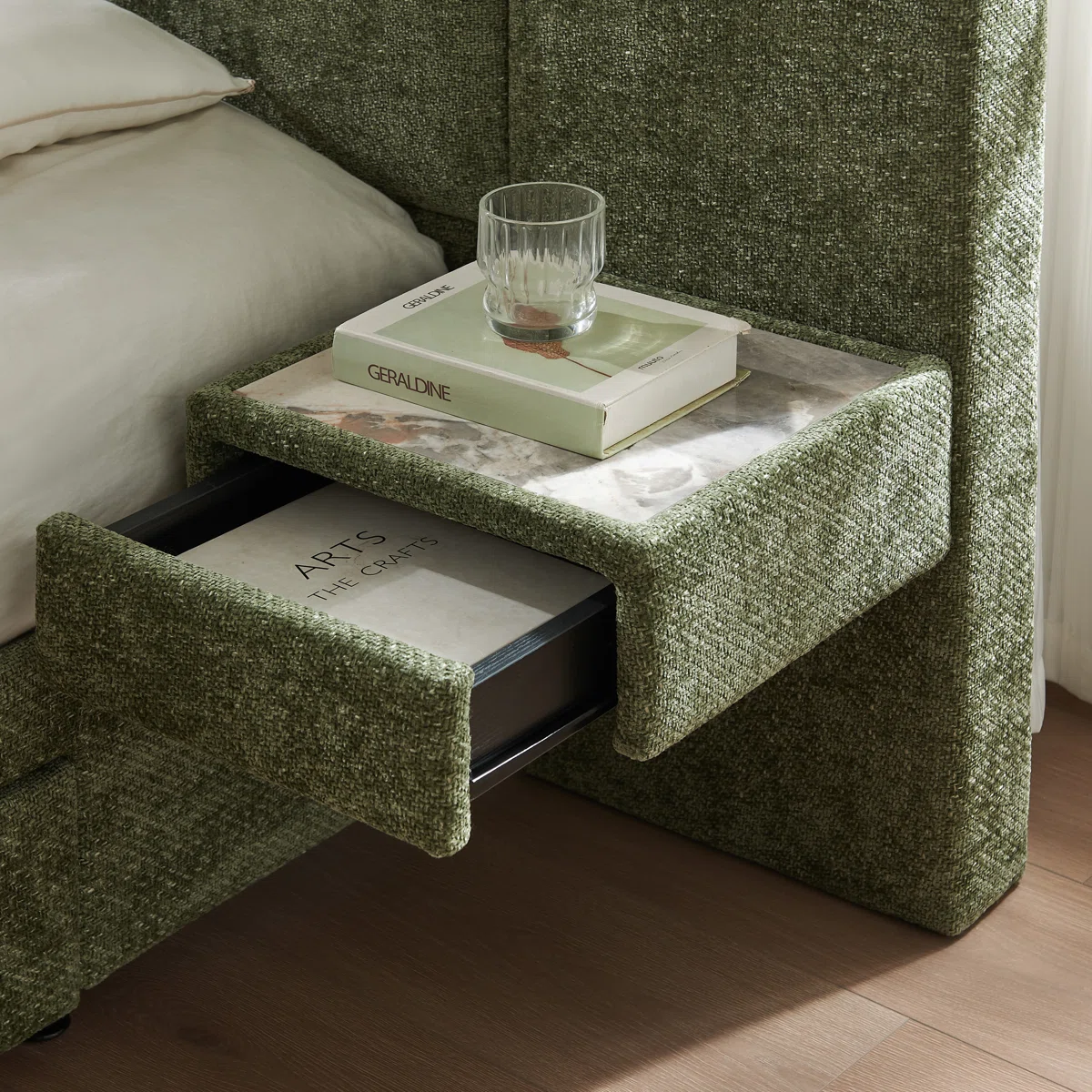 valencia linen upholstered king bed with storage drawers and nightstands
