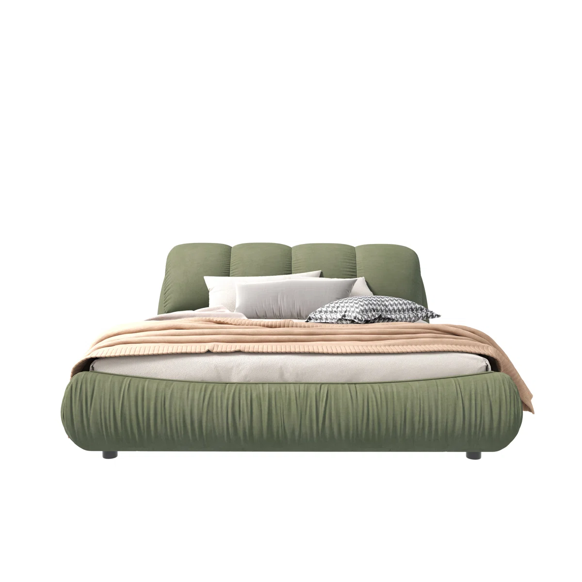 Green upholstered bed with segmented headboard, beige bedding, and layered pillows in a modern bedroom.