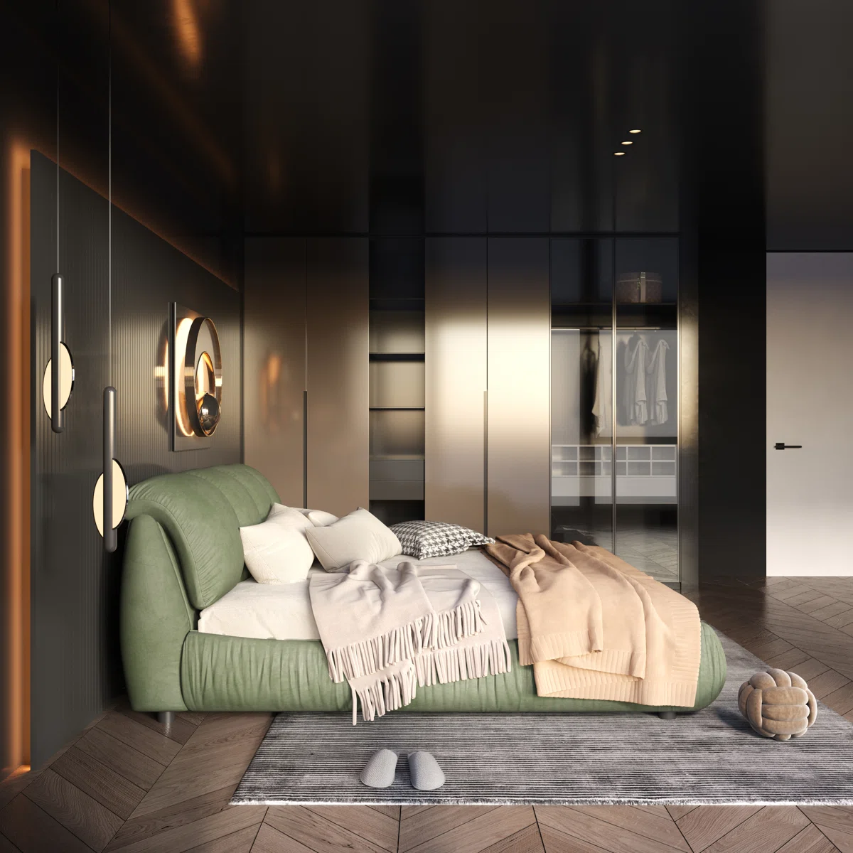 Green upholstered bed with segmented headboard, beige bedding, and layered pillows in a modern bedroom.