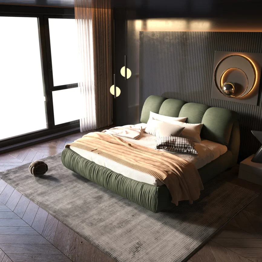 Green upholstered bed with segmented headboard, beige bedding, and layered pillows in a modern bedroom.