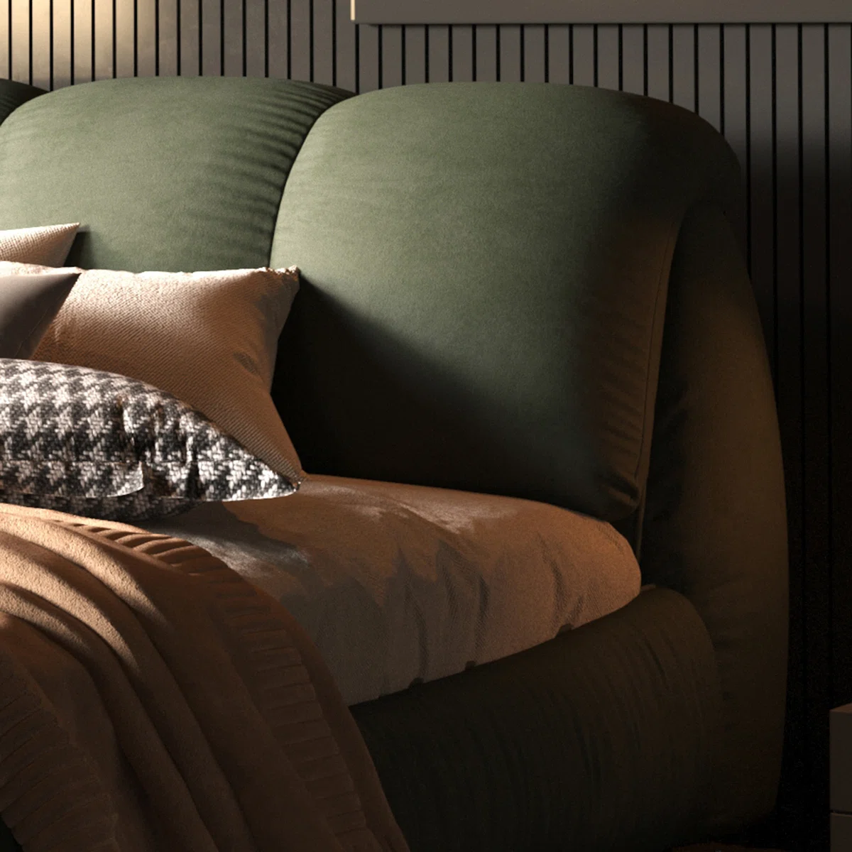 Green upholstered bed with segmented headboard, beige bedding, and layered pillows in a modern bedroom.