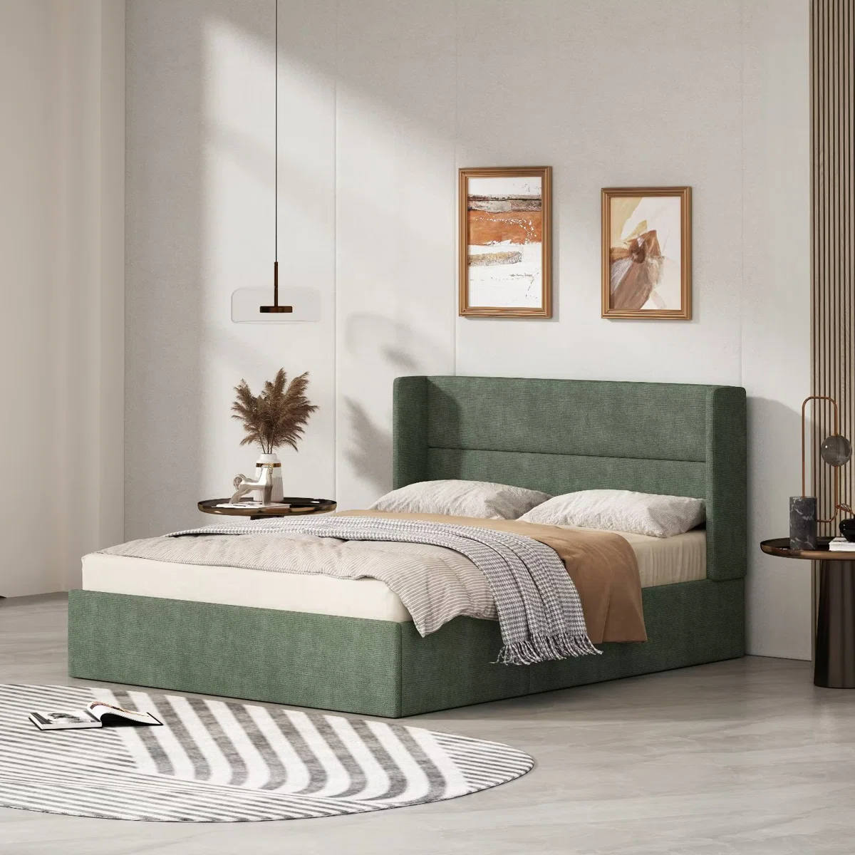 Hunter green upholstered platform bed with tall tufted headboard and striped blanket in modern bedroom.