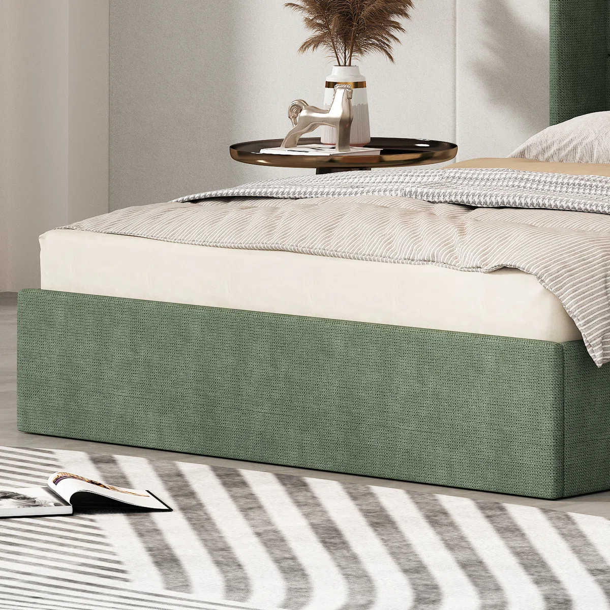Hunter green upholstered platform bed with tall tufted headboard and striped blanket in modern bedroom.