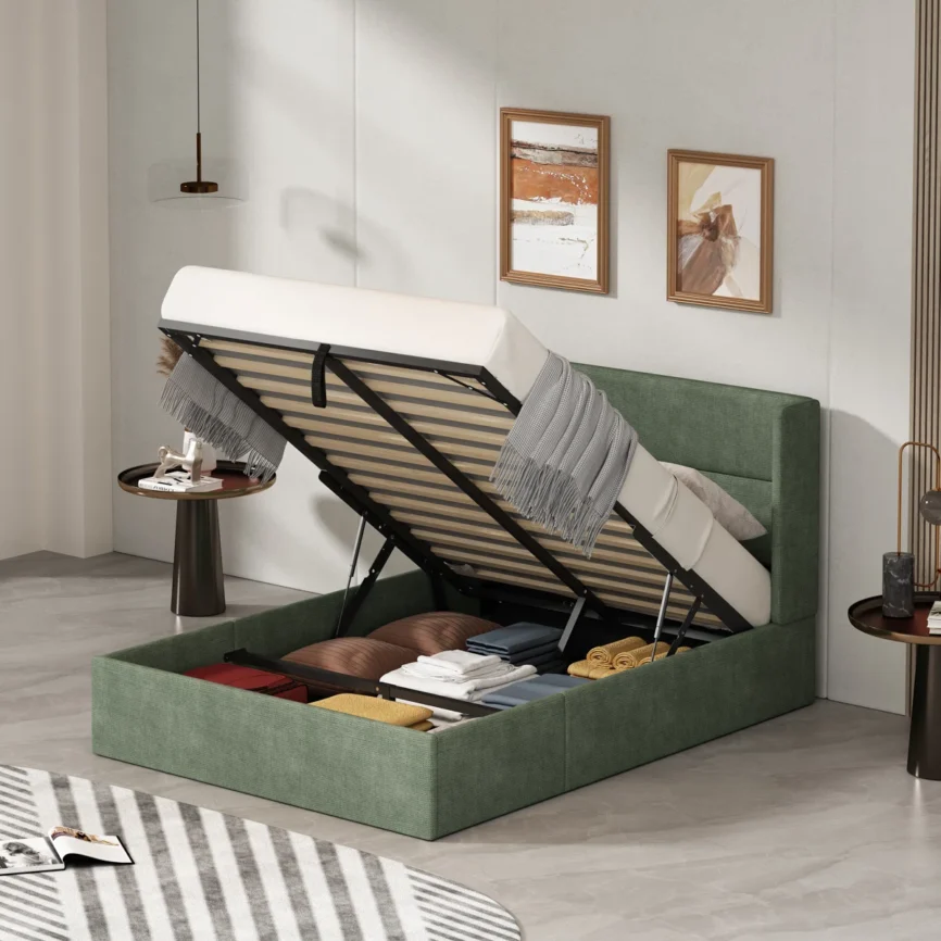 Hunter green upholstered platform bed with tall tufted headboard and striped blanket in modern bedroom.