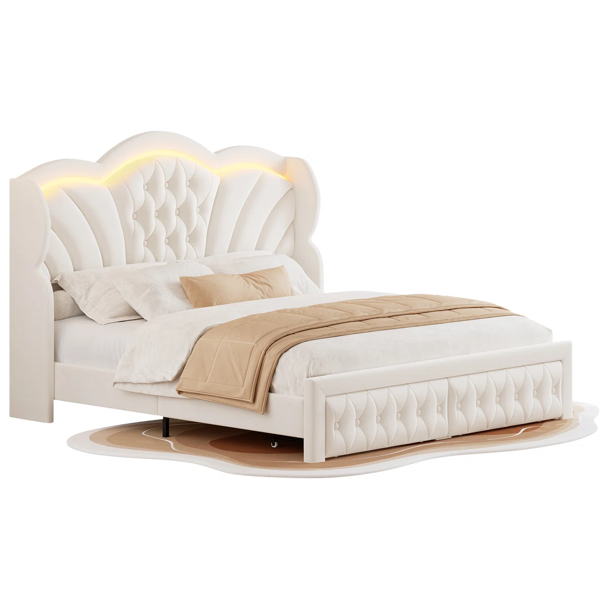 Velvet queen bed with scalloped tufted headboard, LED lighting, and neutral bedding in an elegant bedroom.