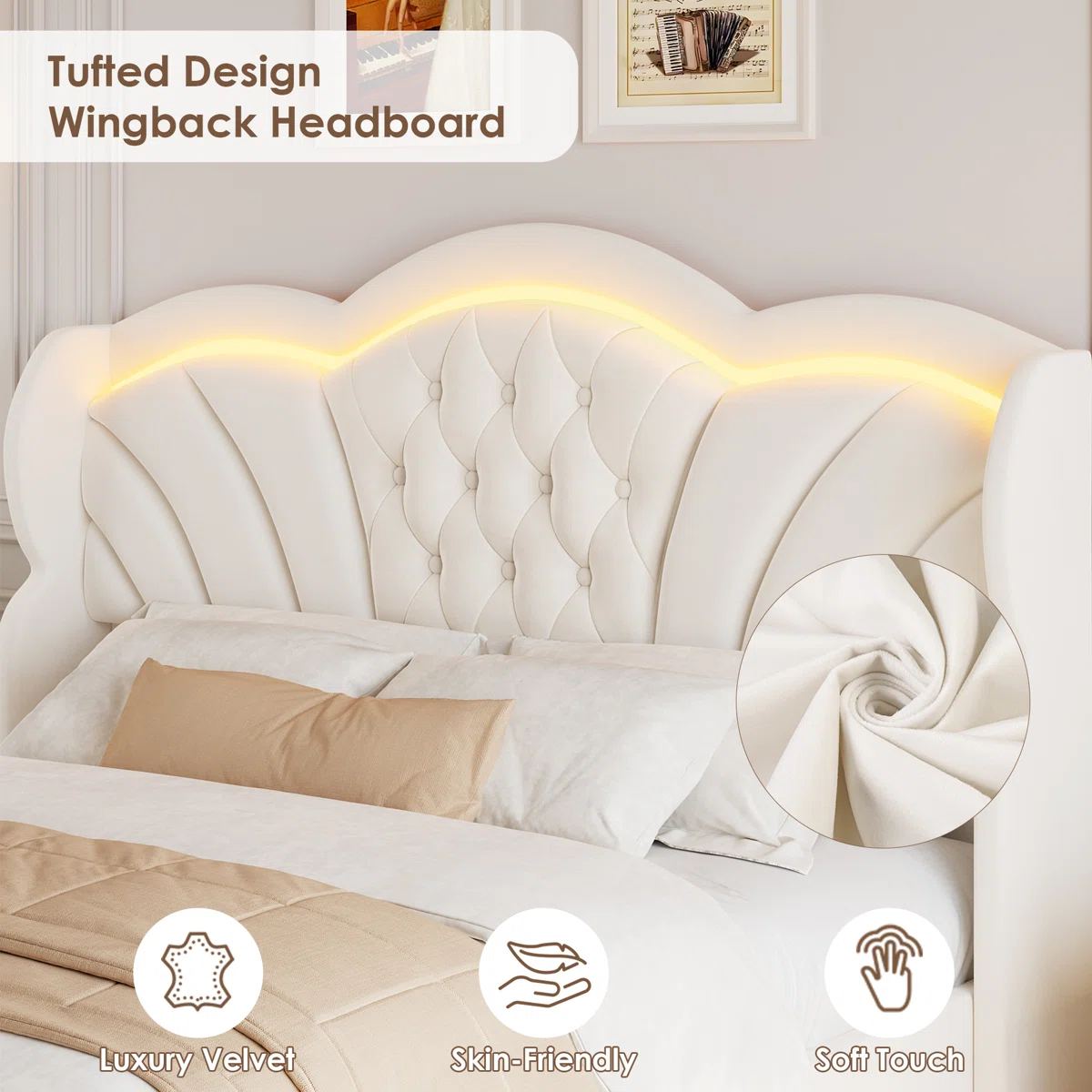Velvet queen bed with scalloped tufted headboard, LED lighting, and neutral bedding in an elegant bedroom.