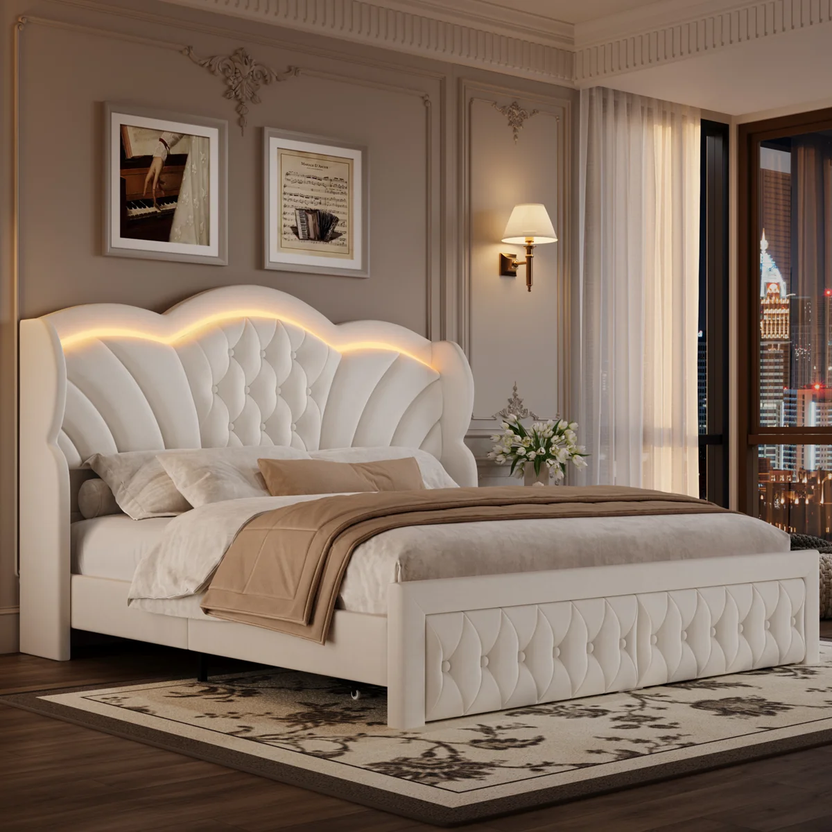 Velvet queen bed with scalloped tufted headboard, LED lighting, and neutral bedding in an elegant bedroom.