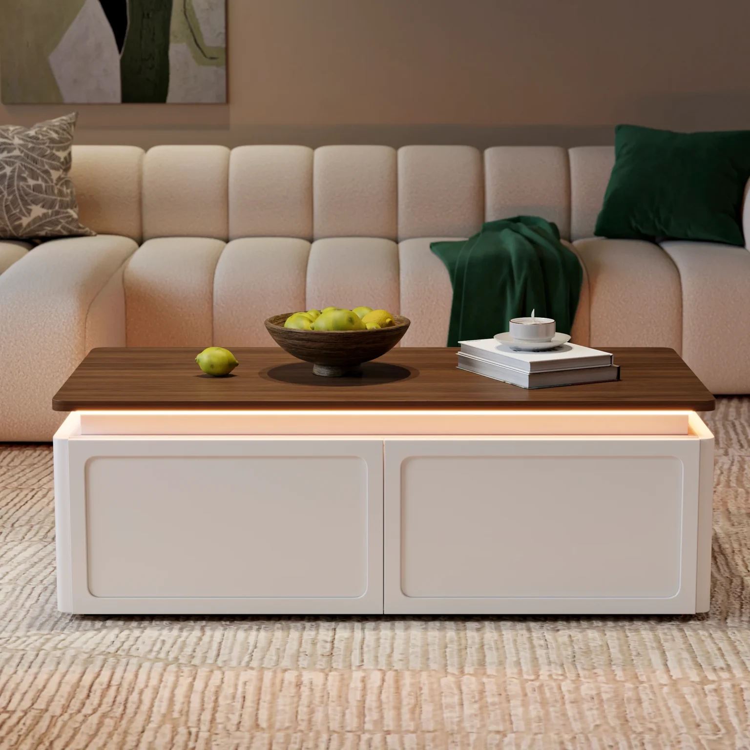 ambra walnut and white led coffee table with drawers and lighting
