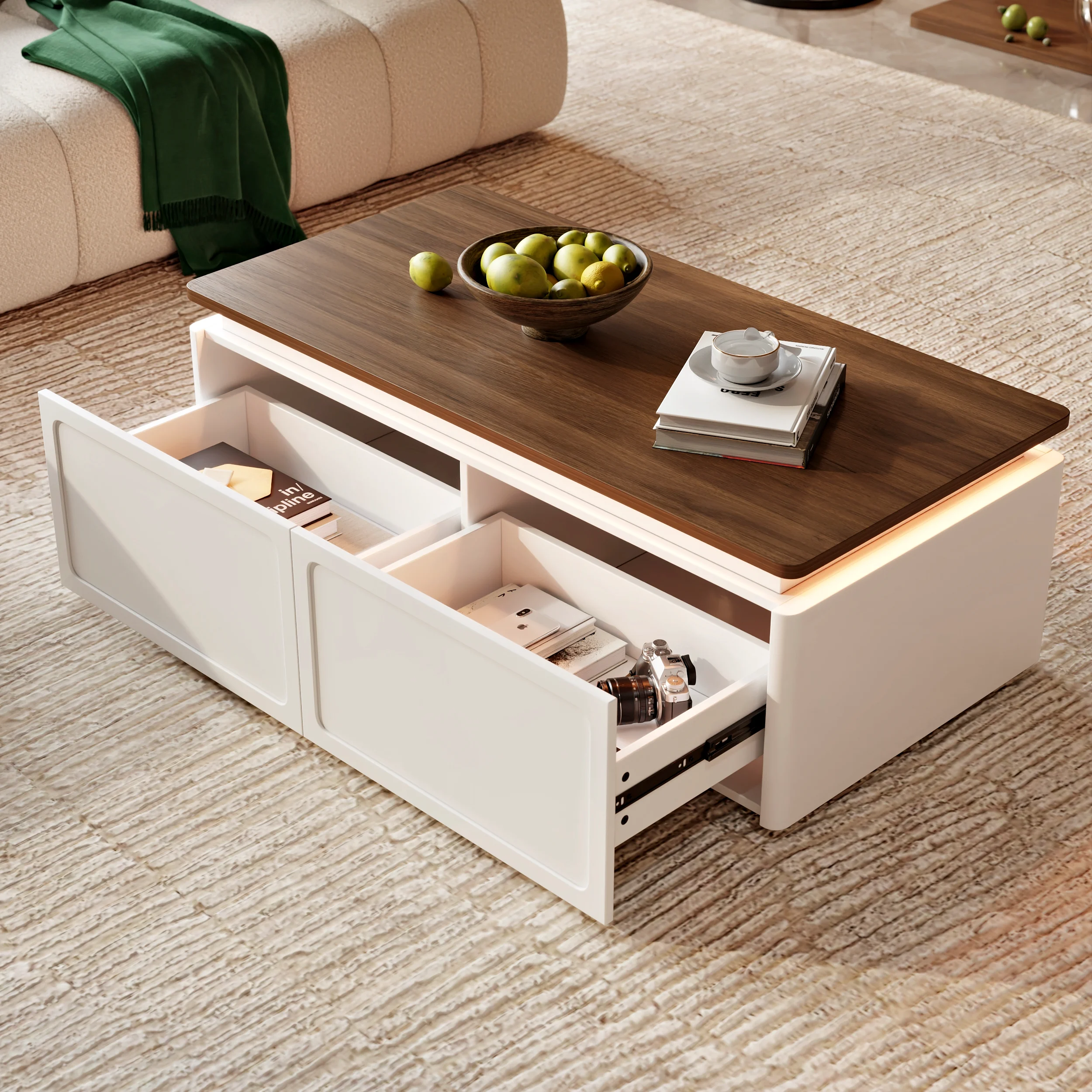 ambra walnut and white led coffee table with drawers and lighting