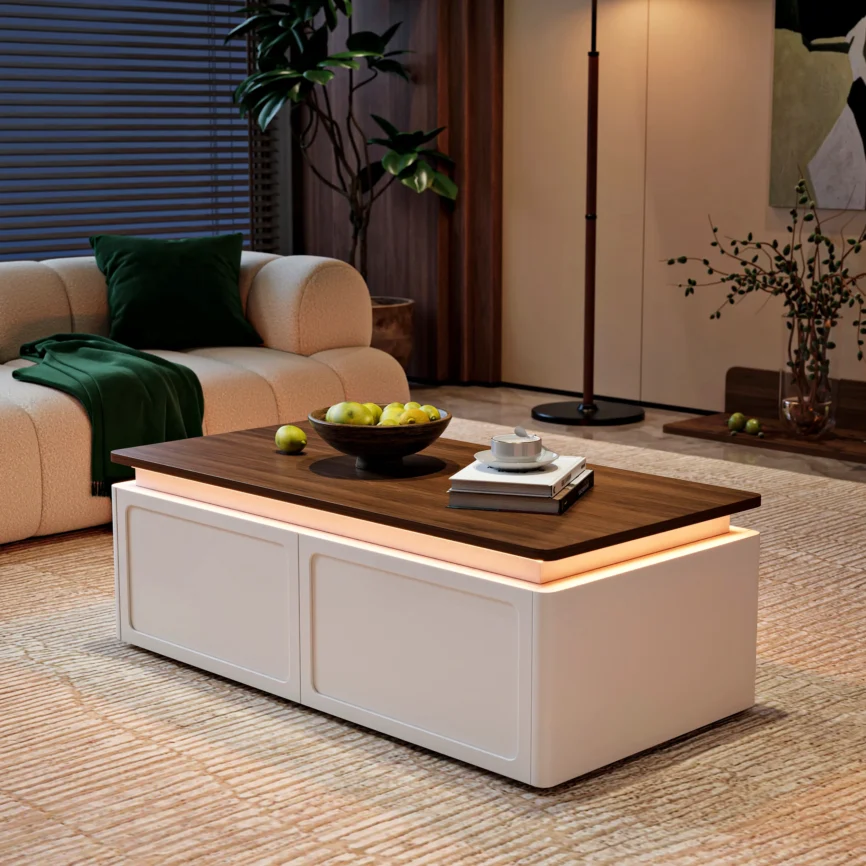 ambra walnut and white led coffee table with drawers and lighting